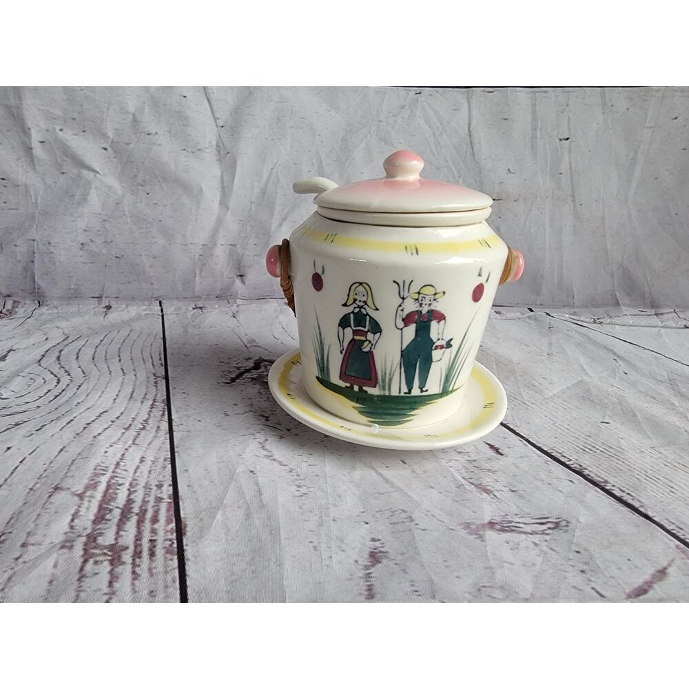 Vintage Danish Folk Art Sugar Dish Condiment Jar Removable Dish Wicker Handle